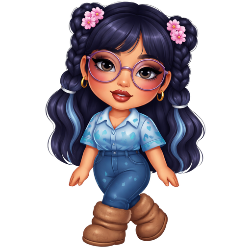 Everything Muffin With a Fair-Light Warm Golden Natural Skin Tone With a Wide Lip Shape with a Grey Eyeshadow and a Thick Eyebrow with a Hooded Eye Shape and a Oval Face Shape with a Dark Blue Hair with a Bubble Braided Medium Hairstyle including Bangs with the Scrunchies Being Pink Flowers and Pastel Blue Highlighted Streaks Throughout the Hair Wearing Purple Large Rounded Glasses with a Dark Red Lipstick Wearing a Dark Teal Dress with a Printed Pattern of Three Light Blue Stretched out Upside Down Triangles with a Short Sleeved Button Up Shirt With the Top Being Light Blue and The Bottom is Steel Blue and the Sleeves Have a Wavy Printed Pattern With the Waves Being Teal and the Surrounding Being Turquoise With Steel Blue Pants and Long Brown Plush Boots with a Luxury Glossy