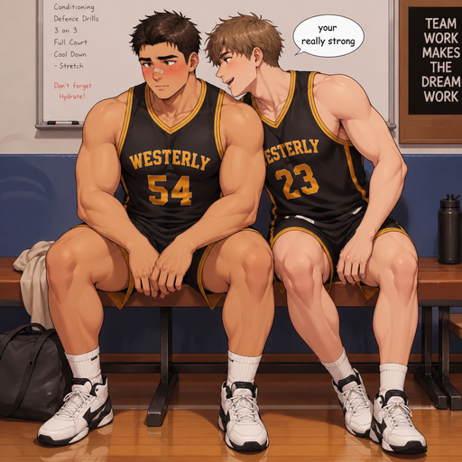 A Real life Full Body view of a Chunky Small but Muscular and more Muscle than Fat ANIME Cute Bara Man Who looks Normal and American with a round facial Structure and Basic facial structure With Puffy and Big Pecs that are visible through the shirt and Biceps and Bandaid on his nose. Wearing a Tight Basketball. Sitting on bench after practice with his crush right next to him. Blushing and looking away. With his crush really close to him saying “your really strong”