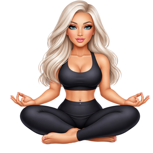 A thick baddie woman with icy blonde hair and gray eyes sitting in the middle of a yoga pose in black workout clothes