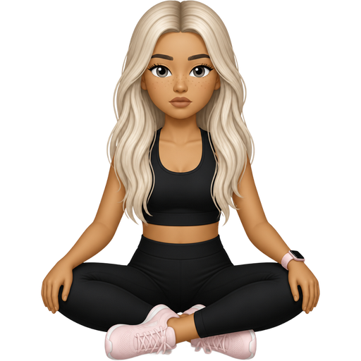 A icy blonde long hair latina woman with gray color eyes and freckles not smiling sitting in a yoga pose with a black workout outfit and pale pink sneakers light pink apple watch