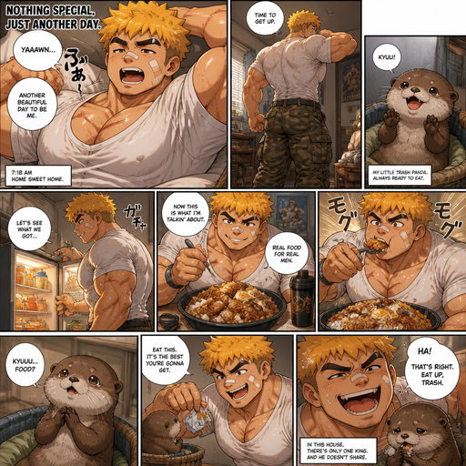 A Full page Anime Comic book story about of a Bulky ANIME Cute Bara Man American 20 year old with a ROUND and BASIC facial structure and Young Adult BARA CUTE that is Peach Toned skin not anything else MALE not to detailed With bigger than average Pecs that are visible through the shirt and Biceps and a big Bandaid on his nose and Left Cheek and Right Eye brow with Scars all over his Chest and arms. Wearing a White baggy shirt and jeans that is tight around the waist and Baggy Camo Cargo pants drenched in sweat and Short and yellowish orange Hair and Bright Gold Fluffy Hair and Strait with brown eyes and black eyebrows with a Three finger Slash on his Eyebrow. With no Facial Hair. Waking up in the morning at the Home and his pet Baby CUTE Otter and he finds food and eats and gives the otter trash and says eat this it’s the best your going to get and laughs in a mean and bully way
