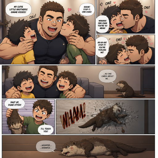A DETAILED AND LIFELIKE ANIME Comic Book story view of a Bulky but Muscular ANIME Cute Bara Man With Peach toned skin Who looks Normal aind round facial Structure and Basic facial structure With Puffy and Big Pecs that are visible through the shirt and Biceps and Bandaid on his nose and Brown short hair that makes them look tough. Wearing normal With his pet Grown and healthy realistic otter and 2 little brothers that are in different ages but young. And he annoys the little brother’s and he kisses them all over their faces, and they laugh with joy. But the otter is left out and no one cares for him and and a brother picks him up and it flys to the wall and it layed there on its side whimpering