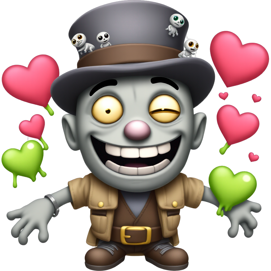 A very happy zombie emoji, oozing joy with a wide, toothy grin, its eyes sparkling with love. Instead of hearts, it's surrounded by floating, animated hearts made of gooey, green slime, wearing tattered, colorful clothes, and sporting a whimsical top hat adorned with tiny, glowing undead critters.