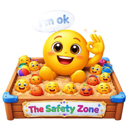 A large yellow emoticon, saying I’m ok, sitting in a sandpit filled with many smaller random emoticons, positive and negative. The sandpit is named “The Safety Zone”
