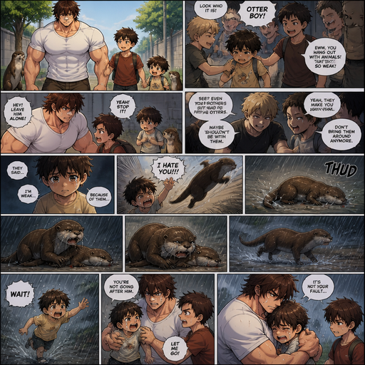 A DETAILED AND LIFELIKE ANIME Comic Book story view of a Bulky but Muscular ANIME Cute Bara Man With Peach toned skin Who looks Normal aind round facial Structure and Basic facial structure With Puffy and Big Pecs that are visible through the shirt and Biceps and Bandaid on his nose and Brown Fluffy and Strait hair. Wearing normal With his pet Grown and long and healthy realistic otter and 2 little brothers that are in different ages but young. The little brother gets bullied by his friends and the brothers get mad at the otters for making them look weak. and then the otters were told not to be with the youngest brother that way they don’t make him look weak, and the youngest brother is sad. The youngest brother flys one of the otters. The otter lays there, the otter’s brother sits there and cries over his body. And then ran away, but they wouldn’t let him.