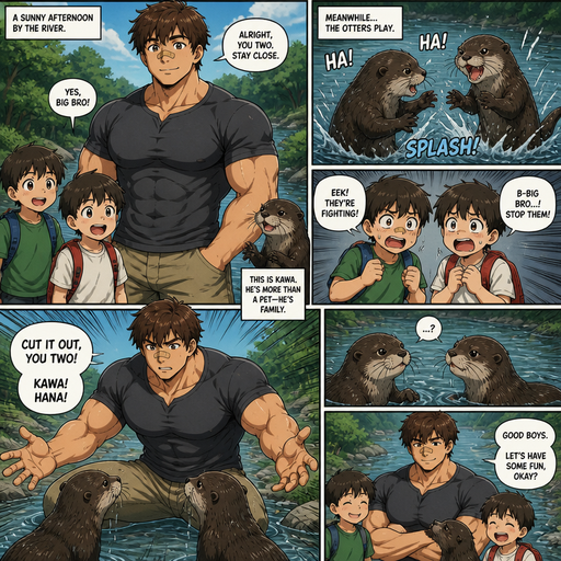 A DETAILED AND LIFELIKE ANIME Comic Book story view of a Bulky but Muscular ANIME Cute Bara Man With Peach toned skin Who looks Normal aind round facial Structure and Basic facial structure With Puffy and Big Pecs that are visible through the shirt and Biceps and Bandaid on his nose and Brown Fluffy and Strait hair. Wearing normal With his pet Grown and long and healthy otter and 2 little brothers that are in Late elementary grades. And they See there twin otter plays but the and the little brothers get scared, and the big brother says, cut it out to the otters.