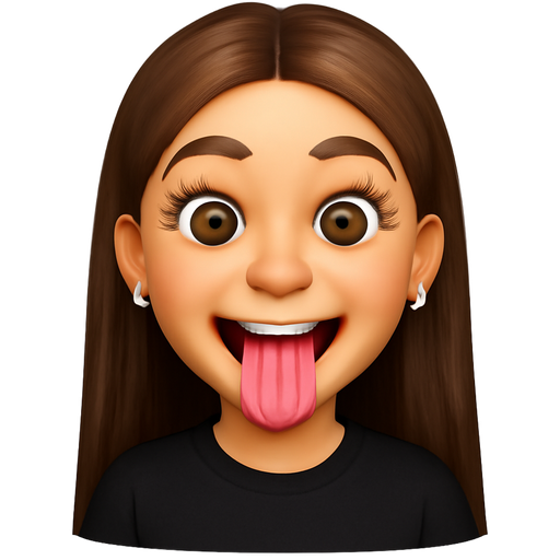 Make a long straight brown haired and brown eyed girl emoji and she’s sticking out and shaking her tounge from side to side and she’s excited and make her wear a black shirt and silver earrings and a make her skin look as a person and make her have long lashes