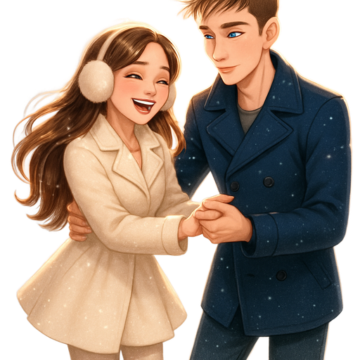glowy overlay: ice skating, holding hands: HONEY BROWN EYED girl & LIGHT GREEN EYED guy: luxury glossy bratz-anime romantic aesthetic, cinematic glow, crisp clean detail, glossy glam skin: straight haired honey brown eyed fair skinned girl, tall slender young man: OBLONG face shape with long pointed chin, straight nose with medium-width, high soft slightly hollow cheeks, downturned close-set light green almond shaped eyes with long lashes, thin straight slightly angled brows, golden light skin tone, slightly full soft pink lips, facial hair: clean-shaven, thick chin goatee, hair dirty-blonde ash brown, textured crop haircut, youthful masculine serious expression, navy peacoat catching her when she slips, laughing breathlessly as their cheeks touch and she squeezes his hand tighter while snow starts falling again: petite girl, soft-autumn tone, pale skin, honey-brown almond eyes, soft freckles, round, full moderate bust, chubby upper arms, sweet Belle-princess vibe, long brunette honey balayage hair with visible light blonde highlights, wobbly in a cream wool coat and skirt and tights and earmuffs, sleek hair behind your ears, frosty highlight and rosy lips, pop-princess energy, shimmer highlight, sparkly glow