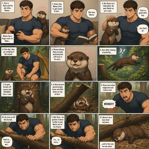 A Lifelike and Detailed frame by frame book story about of a Bulky and Beefy and every Muscle is bigger than average and less shredded or mus A Lifelike and Detailed Comic book story about of a Bulky and Beefy and every Muscle is bigger than average and less shredded or muscular with Chunky and Bulky chest and Biceps and his defined abs ANIME Cute Bara Man American 20 year old with a ROUND and BASIC facial structure and Young Adult BARA CUTE that is Peach Toned skin not anything else MALE not to detailed With bigger than average Pecs that are visible through the shirt and Biceps but slim and Athletic .His Pet Otter that has a Collar and has a Huge Crush on him but he doesn’t like the otter back. And the otter one time went camping and the otter was thrown at a tree and a tree fall on him and he(the human) pushes the branch down more and the otter looses