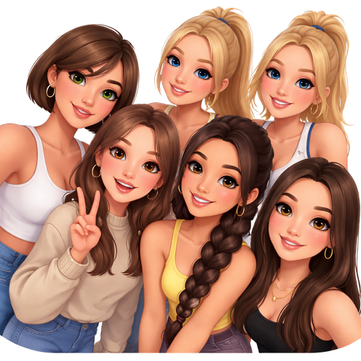 7 girls one who is tall and broad with a short brown bob. One shorter one who has medium-long mouse brown hair. The rest are medium height. One with long dark brown hair in a thick plait who has slightly darker skin then the others. Two are sporty with blonde-hair one is slightly taller, one has blonde hair down, and the last one is skinny with dark brown hair. Selfie in emoji style