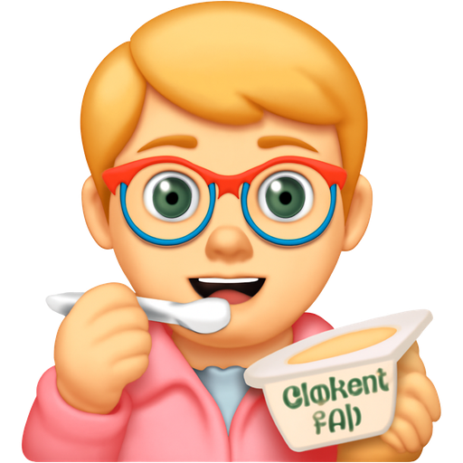 Boy with white skin, green eyes, blonde hair, colorful glasses, light pink jacket, loves to eat chobani flip yogurt