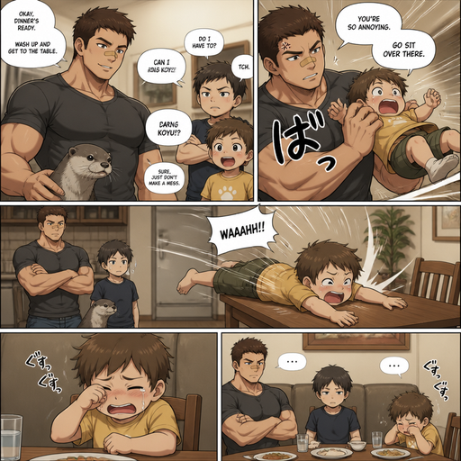 A DETAILED AND LIFELIKE ANIME Comic Book story view of a Bulky but Muscular ANIME Cute Bara Man With Peach toned skin Who looks Normal aind round facial Structure and Basic facial structure With Puffy and Big Pecs that are visible through the shirt and Biceps and Bandaid on his nose and Brown short hair that makes them look tough. Wearing normal With his pet Grown and healthy realistic otter and 2 little brothers that are in different ages but young. And he doesn‘t like one of them and big brother picks the little brother up and The little brother fly’s to the table and Lay‘s there and cries and limps away to his seat at the dinner and cries