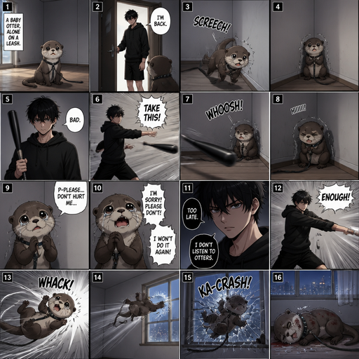 A comic book Picture by picture and shows every action of a A baby otter in a room alone on a leash and his male Cute and Handsome wearing a Black Hoodie and Shorts owner the owner opens the door and the otter runs into a corner scared. Then a bat is flung and he misses The otter flinches and begs not to but he doesn’t listen and the otter flys and hits the window and lays there