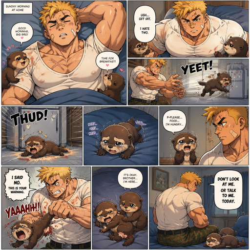 A Full page Anime Comic book story about of a Bulky ANIME Cute Bara Man American 20 year old with a ROUND and BASIC facial structure and Young Adult BARA CUTE that is Peach Toned skin not anything else MALE not to detailed With bigger than average Pecs that are visible through the shirt and Biceps and a big Bandaid on his nose and Left Cheek and Right Eye brow with Scars all over his Chest and arms. Wearing a White baggy shirt and jeans that is tight around the waist and Baggy Camo Cargo pants drenched in sweat and Short and yellowish orange Hair and Bright Gold Fluffy Hair and Strait with brown eyes and black eyebrows with a Three finger Slash on his Eyebrow. With no Facial Hair. Waking up in the morning at the Home and his pet Baby CUTE Otter twins and the otter tries to snuggle with him but he hates the otter and the the otter gets throw at fridge and falls hard and watching him crawls back each step in his bed hungry and crying. Tries to ask for food again and gets looses his tail as a warning in front of his twin brother eyes and his twin brother tries to comfort him. And he says don’t look at me or talk to me today