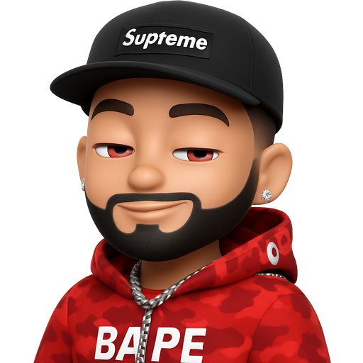 3D Memoji-style thinner male character with dark black curly, wavy hair on top and a high skin fade on the sides, clean modern look. Short trimmed, and black beard that fades smoothly into the sideburns. Wearing a red camo “BAPE – A Bathing Ape” shark hoodie with detailed zipper and hood pattern, and a black “Supreme” box-logo dad cap. Bright diamond square-cut earrings, and a diamond Cuban-link chain. Character facing the camera with a smirk and pinkish low, glossy eyes. Smooth shading, high-resolution Apple Memoji aesthetic, expressive and stylish, realistic lighting, white background, emoji portrait framing.