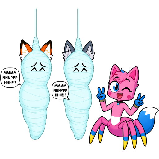 cartoon network version wrapped up and mummified fully covered in a #B8FFFF spider slik cocoon shaped like anthro female fox anthro worried arms behind back with #B8FFFF spider slik wrappings completely covered with thick layers non-transparent #B8FFFF spider slik wrappings hanged to the ceiling MMMMMNNNPPPHHH!!! on the left side next to wrapped up and mummified fully covered in a #B8FFFF spider slik cocoon shaped like anthro female wolf anthro worried arms behind back with #B8FFFF spider slik wrappings completely covered with thick layers non-transparent #B8FFFF spider slik wrappings hanged to the ceiling MMMMMNNNPPPHHH!!! on the left side next to smiling anthro femboy pink cat drider with blue and white tail blue hands yellow tips on spider legs collar doing victory sign based on unikitty