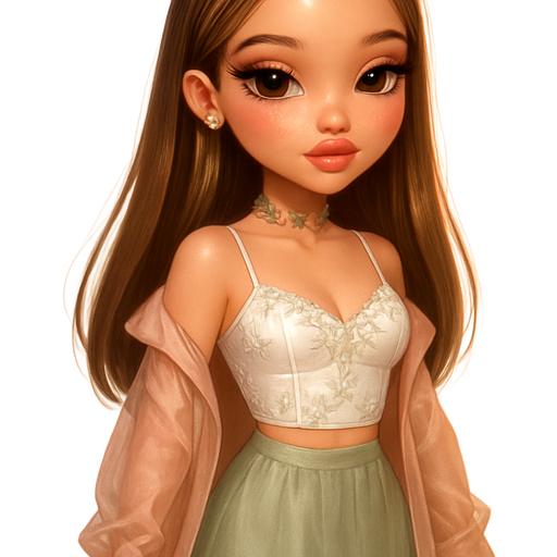 luxury glossy bratz-doll romantic aesthetic, warm cinematic glow, crisp clean detail, glossy glam skin. brown eyed Petite girl, fair skin with soft freckles, long wide face with tall forehead, honey-golden almond wide-set upturned eyes, fluttery lashes, shimmer highlight, plush lips, bottom heavy lip, sweet Belle-princess vibe, long straight brunette hair with visible light blonde highlights, softly defined feminine body, soft hourglass shape with full round bust, strawberry juice glistening at lip corner, crop top of luminous cloud-white satin embroidered with lace floral vines climbing along bustline, sage green maxi skirt, blush sheer trench coat falling off shoulders, white strapped heels; hair slightly curved at ends, hair at temples tied back with sage ribbon, catching fractured reflections of rose light; coral cheeks glowing faintly, glossy berry-tinted lips, dainty sage and blush floral choker. Cozy romantic glow, soft warm lighting, pop-princess energy