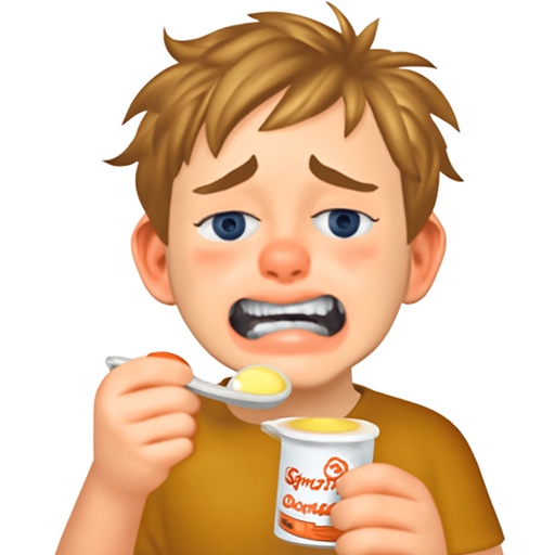 Teenage boy with braces, messy hair, painful mouth, white skin, blue eyes, dirty blond hair, eating yoplait orange crème yogurt