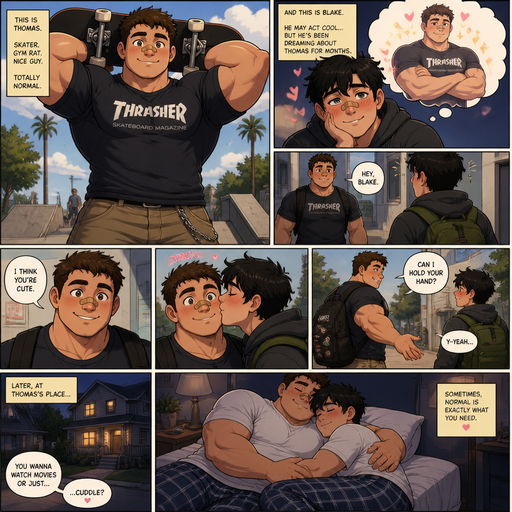 A Comic book story of a Bulky and muscular ANIME Cute Bara Man Who looks Normal and American with a round facial Structure and Basic facial structure With Big Pecs and Biceps and Bandaid on his nose. Wearing a Skate boarder outfit named Thomas. Holding his skate boras behind his head. And his Crush Blake looking and dreaming of him. Then walk over to Thomas walks to Blake and says I think you’re cute. And Blake smiles and kisses him on the cheek and Thomas walks away and wants him to hold his hand. And he goes to his house and they cuddle in a white shirt and pajama pants in bed