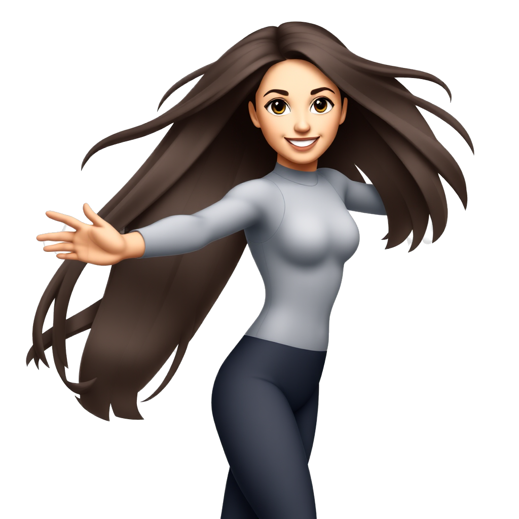 Figure skater with long dark brown hair, tan skin,dark brown eyes, and a smile with straight teeth. She will be is doing a spiral and her whole body including skates in frame. She is wearing leggings and a tight shirt. She is skinny and doesn’t have much chest