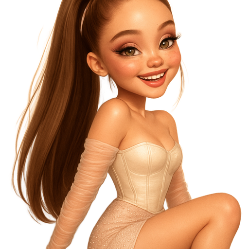 semi-realistic soft cartoon luxury glam, mini plush Bratz-doll aesthetic, cinematic glow, crisp clean detail, glossy glam skin. brown eyed Petite girl, fair skin with soft freckles, wide face with tall forehead, honey-brown almond wide-set upturned eyes, fluttery lashes, shimmer highlight, plush lips, bottom heavy lip, sweet Belle-princess vibe, long straight brunette hair with visible light blonde highlights, softly defined feminine body, soft hourglass shape with full round bust, Ivory satin corset top with soft boning detail, sheer ruched mesh sleeves sliding off the shoulder, and a blush-toned pearl micro skirt. Hair in high straight glassy ponytail wrapped in silk ribbon. Glowy honey skin with champagne highlight, mauve shimmer on lids, plush nude lips. Silver platform heels, leaning back against the studio light, one leg bent, laughing through strands of hair. Cozy romantic glow, soft warm lighting, pop-princess energy