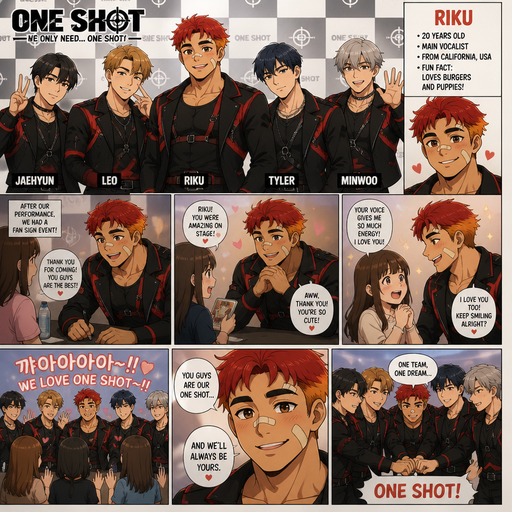 A Full page Anime Comic book story about of a masculine and Bulky ANIME Cute Bara Man American 20 year old with a ROUND and BASIC facial structure and TENAGE BARA CUTE MALE not to detailed With bigger than average Pecs that are visible through the shirt and Biceps and a big Bandaid on his nose and Left Cheek and Right Eye brow. Wearing a no piercings K-pop Idol Boyband Outfit and Red Hair and Bright Orange Hair Tips and Strait is wearing Fluffy short Hair a brown eyes and black eyebrows. Dressed like a K-pop Boyband called ONE SHOT Member with his Members that look like him but with different hair and Facial Structure, and Talking to Girl Fans