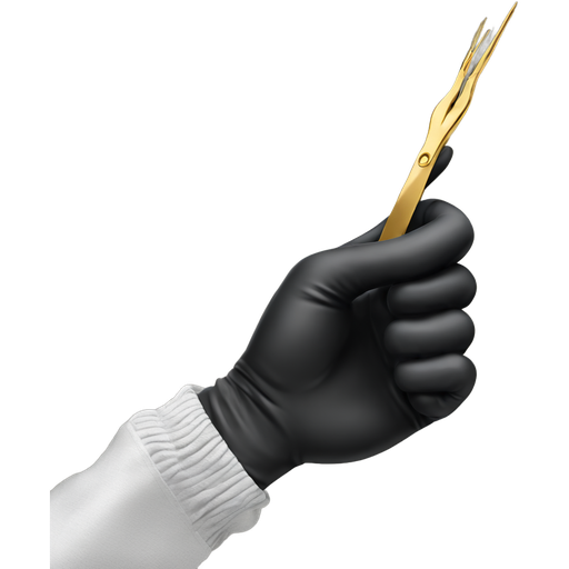 3D iOS-style emoji of black latex gloved hand gently holding golden tweezers, soft lighting, realistic texture, transparent background.