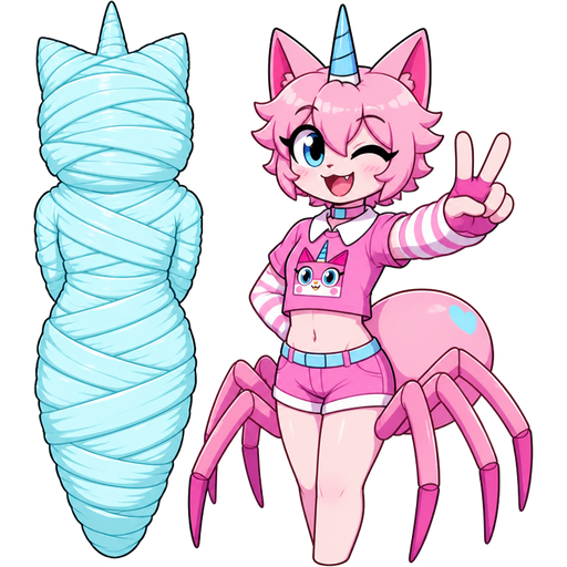 wrapped up and mummified fully covered in a #B8FFFF spider slik cocoon shaped like anthro femboy unikitty arms behind back with #B8FFFF spider slik wrappings completely covered with thick layers non-transparent #B8FFFF spider slik wrappings next to a happy anthro femboy pink cat drider hybrid doing victory sign based on unikitty