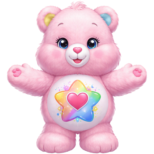 True Heart Care Bear Pastel Pink,Yellow and Blue with a multicolored Star and a heart in the inside on the stomach