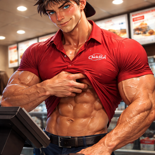 A Real life Full Body Image of a Hunky and Muscular, Handsome and Masculine Chick-Fil-A with Brown Spiked hair and Blue eyes and with Chunky and Extremely Big Arms and Pecs and Very Lean Body. Wearing Worker’s Uniform and Backwards worker Hat. Blushing with Sunburned under his eyes. At the Cash register Drenched in Sweat. Scratching something under His Shirt. Making the Girl blush