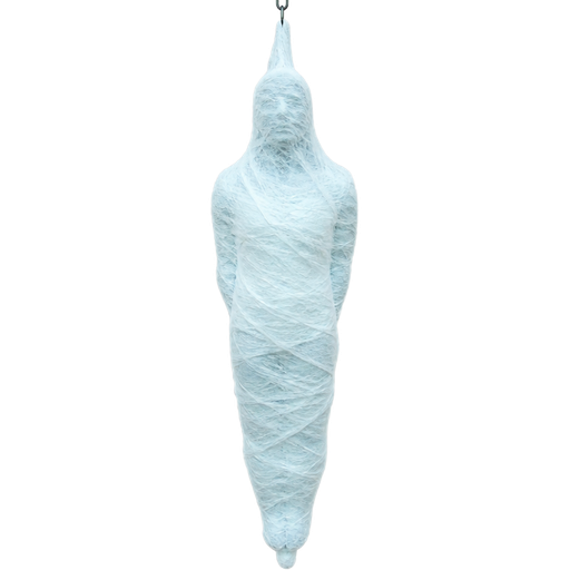 mummified fully covered in a #B8FFFF spider slik cocoon shaped like fox arms behind back with #B8FFFF spider slik wrappings completely covered with thick layers non-transparent #B8FFFF spider slik wrappings hanging upside down from the ceiling animated halloween prop