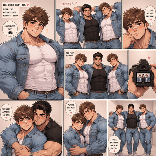 An Anime Comic Book story of a Bulky and ANIME Cute Bara Man With Peach toned skin Who looks Normal and round facial Structure and Basic facial structure With Puffy and Big Pecs that are visible through the shirt and Biceps and Bandaid on his nose and Brown and fluffy hair and buff and bulk and no shredded muscle. Wearing normal clothes. 3 Cute brothers and all BEEFY and HUNKY and HUGE and MUSCULAR. And there a hot and Attractive and irresistible faces and they put jeans jackets and Jeans. Modeling and stretching and Looking Hot dreamy and Irresistible with there big body’s and take photos of 2 and on hugging the other around the waist