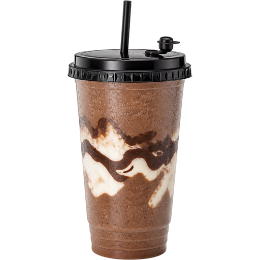 Chocolate Cocoa Pump Smoothie with a 32oz PP Injection Cup and a Premium Plastic PP Black Lid with an Attached Stopper including a Straw on Top of It Infused with Yogurt Blended with Alter Plant Based Chocolate Protein, Bananas, Almond Milk and 100 % Cocoa and it’s Fudge Chocolate Cocoa with a Beige White in the Middle