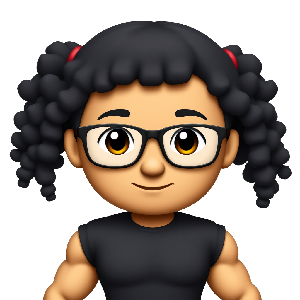 Emoji t shirt and muscle Tomboy with black curly short hair with glasses and medium brown skin tone and she’s wearing black tshirt and she have muscle