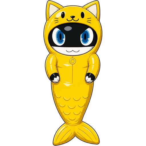 morgana anthropomorphic cat Persona 5 whole head body arms and legs encased tightly inside a non-transparent rubber pooltoy yellow cat with rubber pooltoy long yellow mermaid tail
