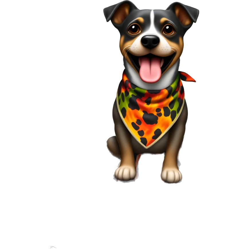 A cheerful dog wearing a vibrant lava-patterned bandana, sitting atop a colorful erupting volcano. Its tongue hangs out happily, as playful ash clouds form heart shapes against a brilliant sunset sky, while colorful molten rocks resemble a confetti celebration around its paws.