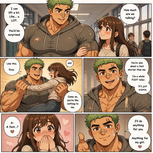 Comic book story about of a Bulky and Beefy and every Muscle is bigger than average and less shredded or muscular with Chunky and Bulky chest and Biceps and his defined abs ANIME Cute Bara Man American 20 year old with a ROUND and BASIC facial structure and Young Adult BARA CUTE that is Peach Toned skin not anything else MALE not to detailed With bigger than average Pecs that are visible through the shirt and Biceps and a big Bandaid on his nose and Left Cheek and Right Eye brow with Scars all over his Chest and arms. Wearing a no piercings Wearing a Hoodie and Jeans under around the waist with and pants pants and drenched in sweat and Short and Green Brown Hair and Bright Light Green fluffy Hair and Strait with brown eyes and black eyebrows with a Three finger Slash on his Eyebrow. With no Facial Hair. Walking with his crush in school he talks about how much he can lift and he Lifted her by her holding on to his biceps. And talks about Him being a foot taller. And He says He’ll do anything for her Love