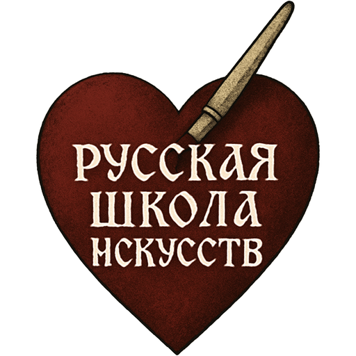 Сердце, сверху воткнута белая кисть, на кисточке написано Русская Школа искусств, шрифт в старославянском стиле, в красно белом цвете
