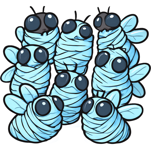 eight #B8FFFF cocooned wrapped up houseflies covered with #B8FFFF huge coating of #B8FFFF slik wrappings and #B8FFFF webbing