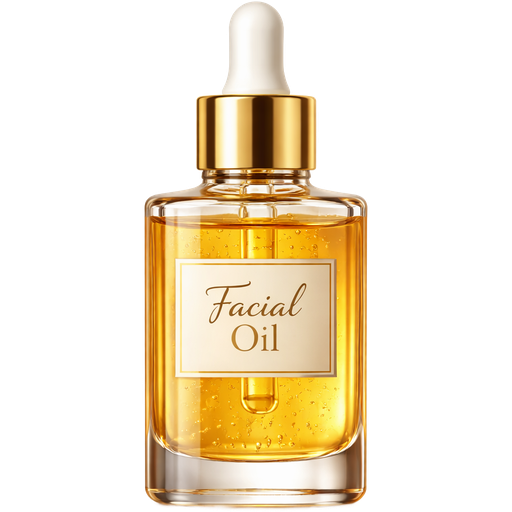 Realistic glass bottle of facial oil, filled with honey-colored oil, transparent glass showing liquid texture and subtle reflections, gold accents on cap and label edges, elegant rectangular or rounded bottle shape, high-quality label reading “Facial Oil” in chic font, soft ambient lighting highlighting shine and depth, subtle shadows for realism