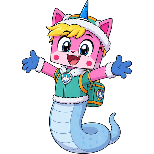 happy pink cat anthro furry boy naga with yellow hair white wrists blue hands blue unicorn horn light blue serpentine lower body of a mythical naga based on unikitty wearing everest's hat and everest's clothing with everest's backpack