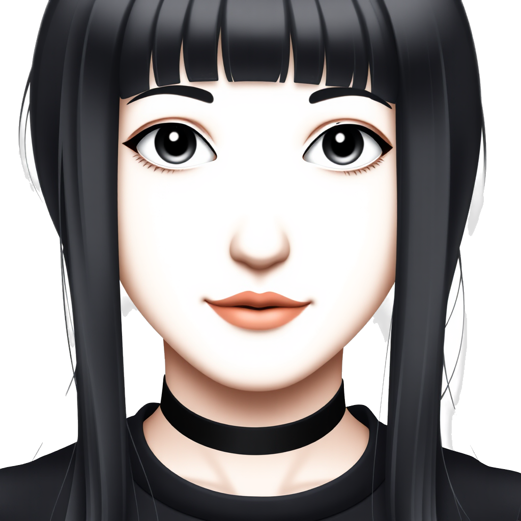 I want a very white girl with black hair with bangs and a cleavage, without her smiling, and wearing a choker too,