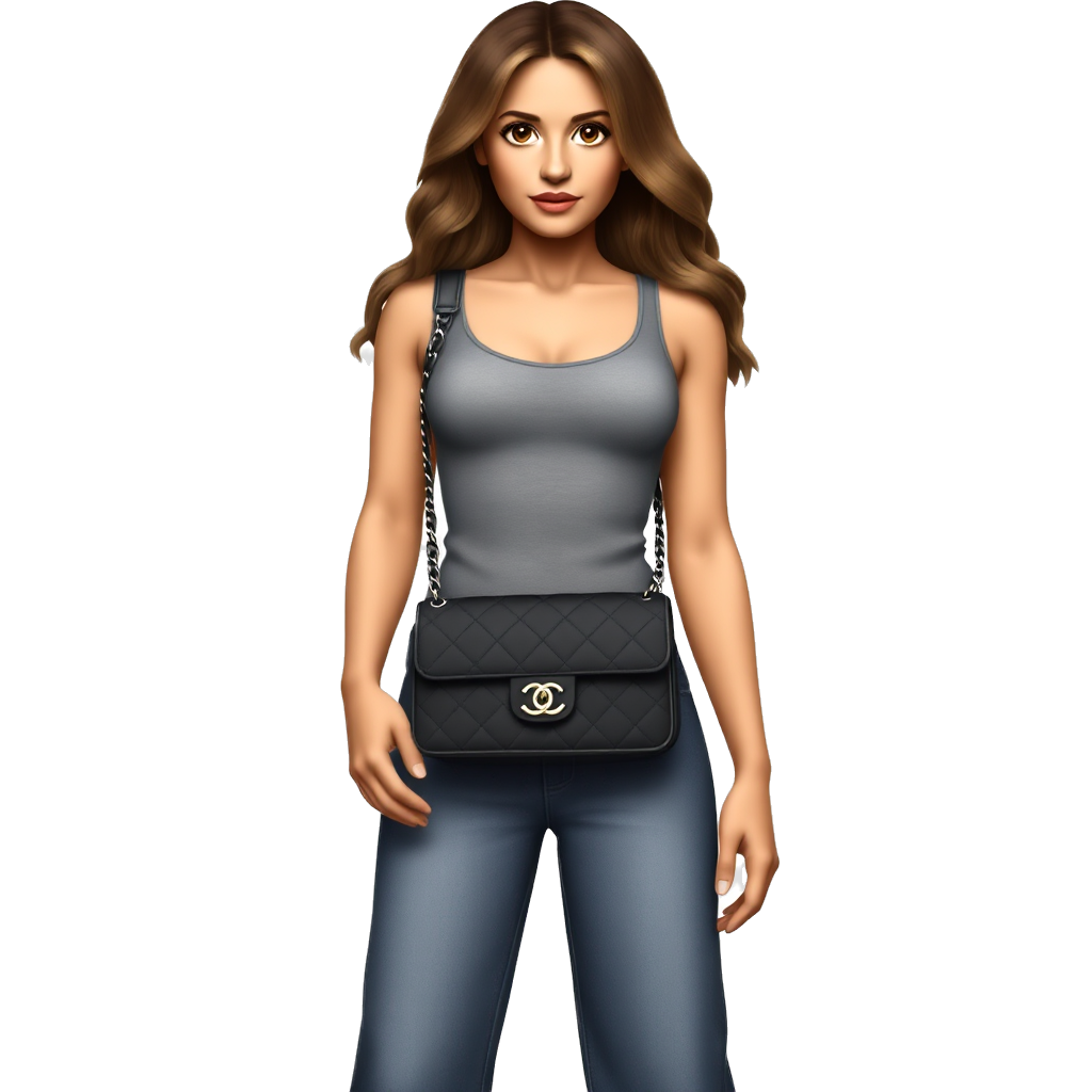 Woman with long brown hair with wavy highlights, light brown skin, brown amendoled eyes with voluminous eyelashes, small nose, pink mouth, medium and dark eyebrows thin and short dressed in a gray tank top, wide leg jeans and a Chanel's black shoulder bag, with full LEGS and FEET with black high heels shoes with two arms downs, Hands with nails done