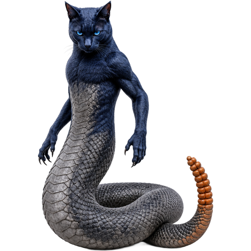 sorket the cat naga horror movie dark blue cat anthro blue eyes with a long grey snake body with an orange rattlesnake tail