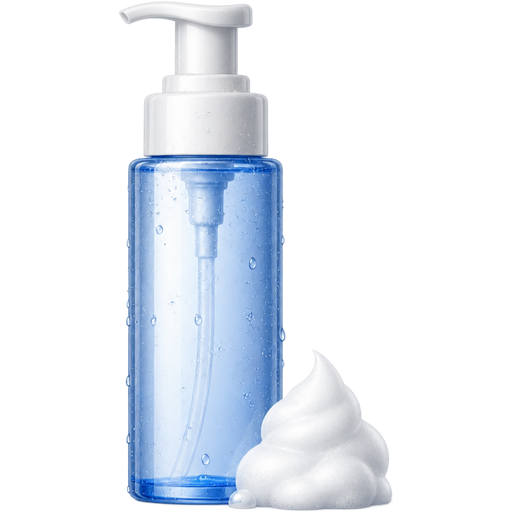 A premium facial cleanser pump bottle with soft white cleansing foam, tiny water droplets, glossy 3D icon style, elegant minimal aesthetic, white and blue color palette, realistic skincare packaging, centered composition, transparent background, no people, no text, no labels.