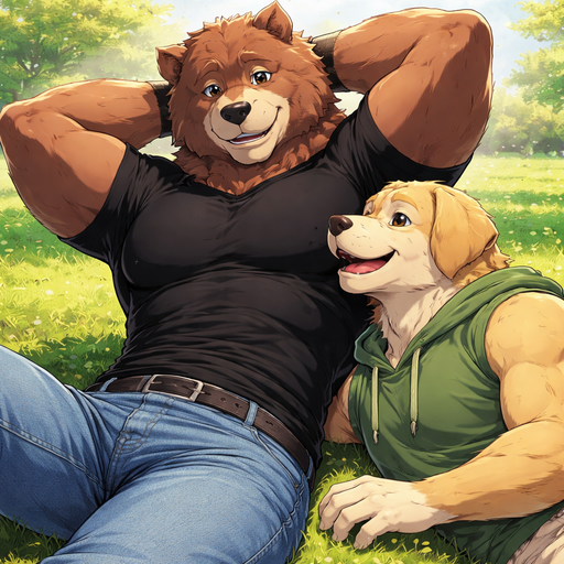 A Full BODY and FACE of a Buff and a Bara Furry Grizzly Bear with brown eyes with a wrestler type body. Wearing a Black Shirt and Jeans. Talking to his Labrador Retriever Boyfriend Hairy Furry with Light Brown Eyes. Laying next to him at the Park. Leaning on top of him. And Stretching with his hands behind his head