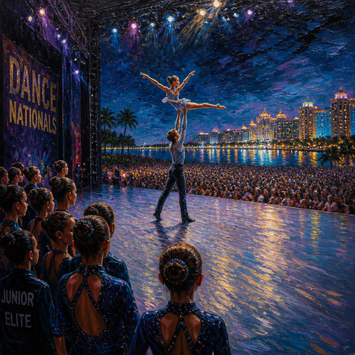 give me a 10-year-old twin daughter is dancing a duet with a boy and they are doing acro and he’s lifting her up in the air and the team is backstage watching them on the sidelines and they are at dance nationals and the stage is so so so so big and the crowd is very crowded with a Bahamas city night view