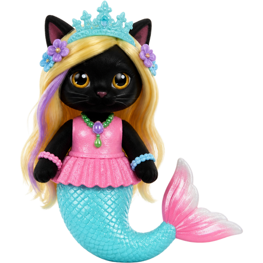 black cat with light yellow hair purple and blue flowers light cyan crown purple and green necklace pink and blue bracelets pink dress attached to long light cyan mermaid tail with pink tail fins toy version