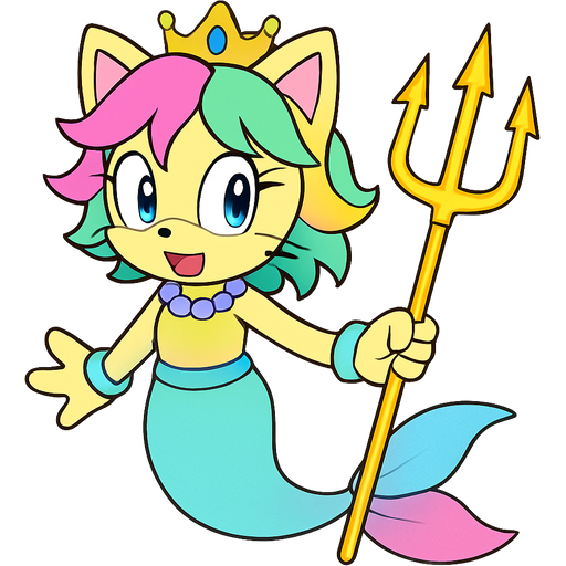 sonic x style version light yellow anthro cat with pink and green and yellow hair blue golden crown with light purple necklace light cyan braclets cyan and yellow dress with attached to cyan and light blue mermaid tail with pink fins holding a golden trident sonic x style version