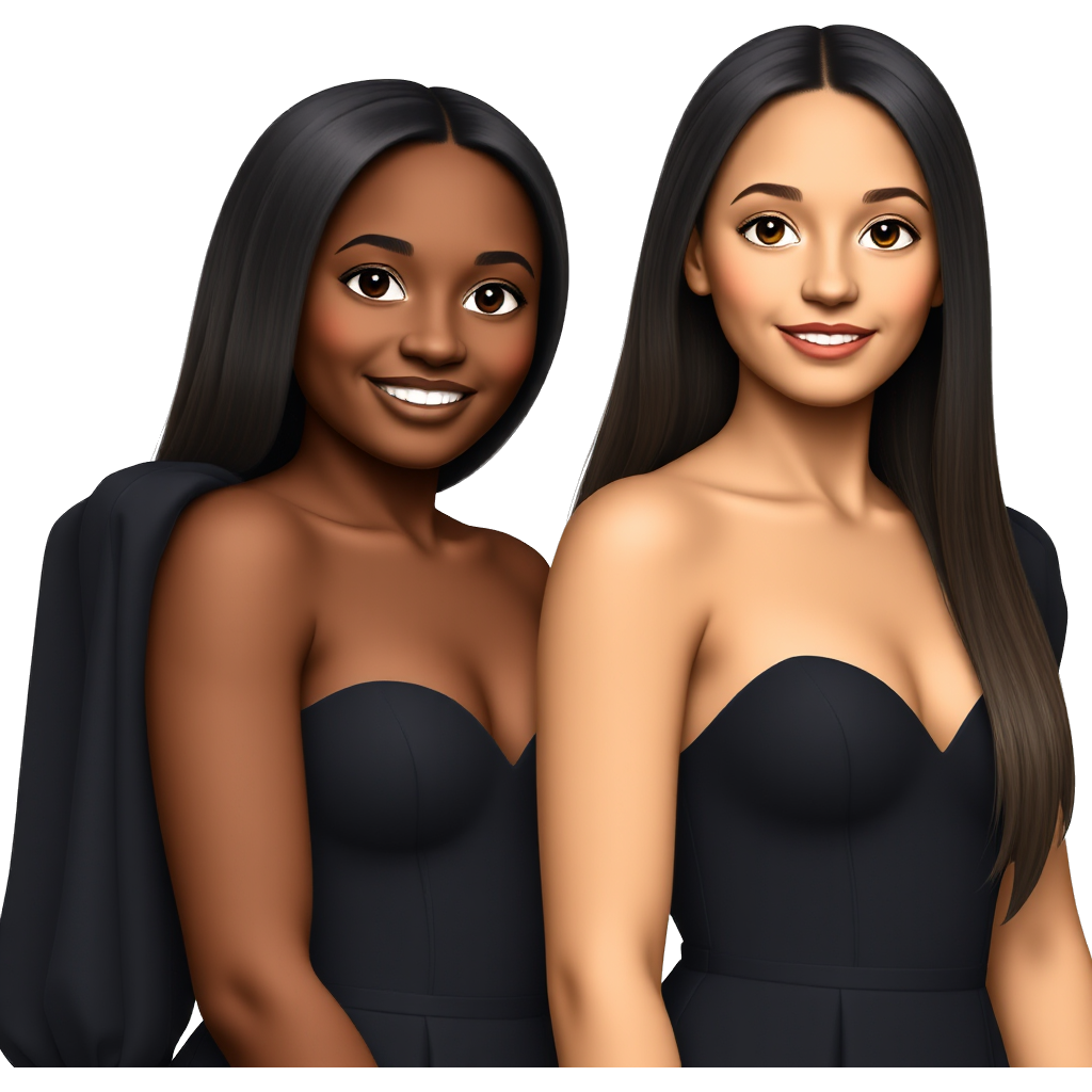 A beautiful tan teen girl with straight hair and a black girl with straight hair and they are together and they are wearing snatched black dresses